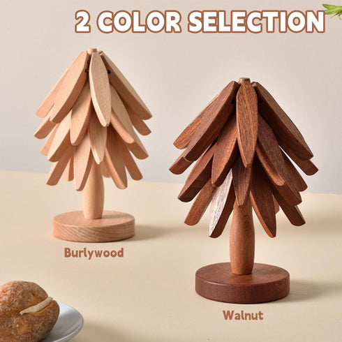 OFCTE Set, 4 1 Wooden Trivets for Hot Dishes, Tree Shape Trivet Walnut Wood + Stand stored Like a Christmas