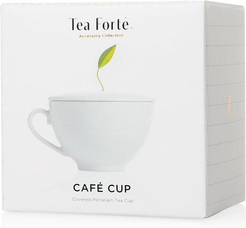8 oz., Tea Forte Cafe Cup White Porcelain Tea Cup and Lid, Steeps Microwave and Dishwasher Safe