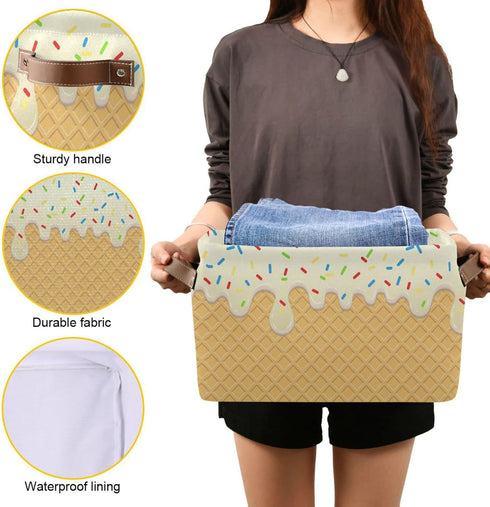 Ice Cream Texture Storage Basket Bin, Large Cube Canvas Collapsible Storage Organizer for Home Office Closet - 15 L x