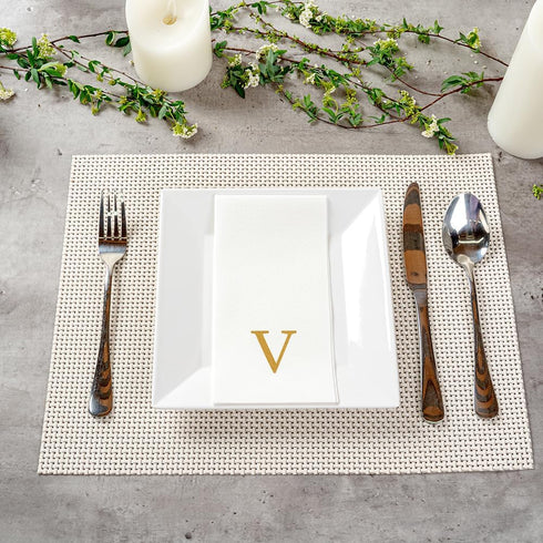 15.8 7.9 Inch 50 Luxenap X Linen-Feel Guest Towels, Lettered Hand Towels - Gold Letter 'V', Sans Serif Font, White