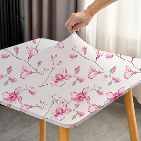 34x34 Inch Small Fitted Square Tablecloth - Spring Magnolia Pink Floral Non Slip Spandex Table Cloth with Elastic
