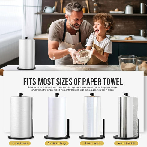 Black Paper Towel Holder - Weighted Countertop Stand for Kitchen and Bathroom, Steady Paper Roll Holder
