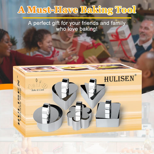 HULISEN Set of 5 Stainless Steel Cake Ring Molds, 3” Dessert Food Molds with Pushers for Cooking