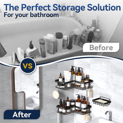 12 3-Pack YASONIC Corner Adhesive Shower Caddy, with Soap Holder and Hooks, Rustproof Stainless Steel Bathroom