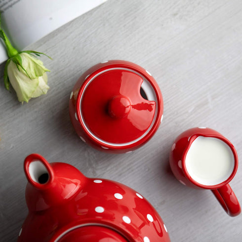 City to Cottage Ceramic Sugar Bowl with Lid, 10oz Sugar Container for Coffee Bar, Handcrafted Red Polka Dot