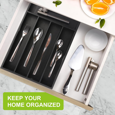 Bamboo Kitchen Drawer Organizer, Silverware Tray with Wood Holder for Flatware Cutlery, 5 Slot, Black