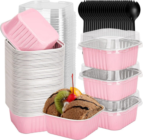 selizo 60 Pack Mini Disposable Cake Pans with Lids, 5oz Aluminum Foil Square Baking Cups for Individual Cakes