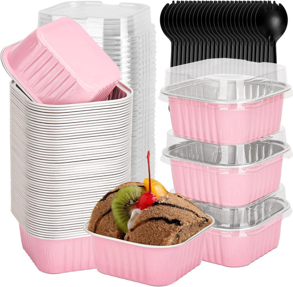 selizo 60 Pack Mini Disposable Cake Pans with Lids, 5oz Aluminum Foil Square Baking Cups for Individual Cakes