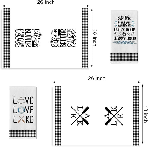 Seliem Live Love Lake House Kitchen Dish Towel Set of 2 - Black White Buffalo Plaid Check Anchor Paddle Hand Drying