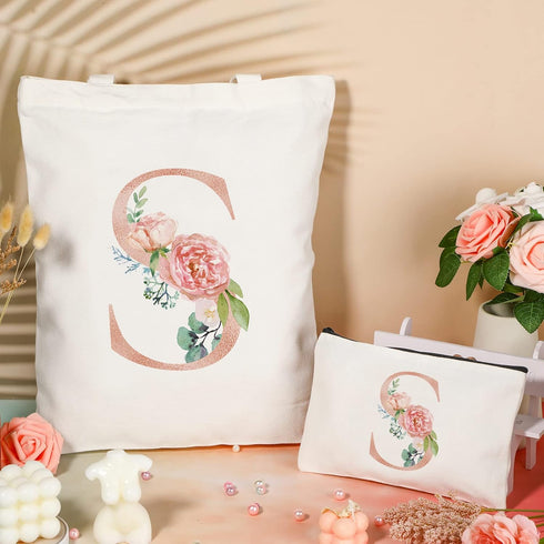 Sanwuta 2 Pcs Floral Letter Initial Canvas Tote Bags, Monogrammed Travel Cosmetic Bags for Woman Wedding Gift