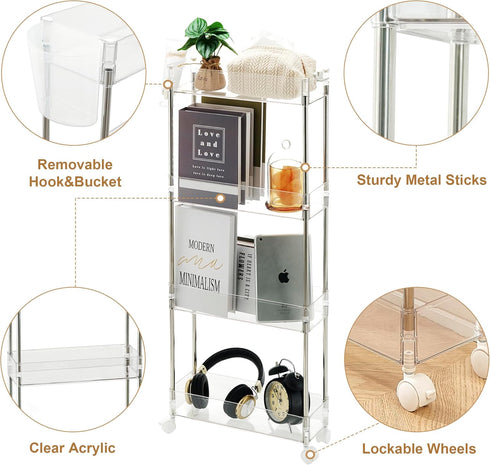4-Tier VECELO Acrylic Rolling Cart, Slim Utility Cart for Storage, Mobile Storage Cart with Lockable Wheels
