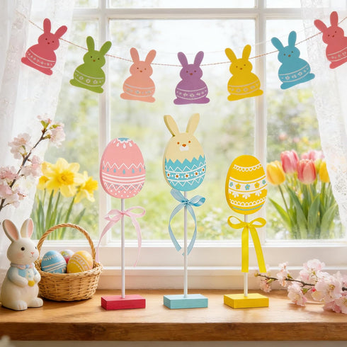 Songjum 3Pcs Easter Egg Bunny Wooden Table Signs Colorful Rabbit Shape Tabletop Centerpieces Tiered Tray Decor Easter