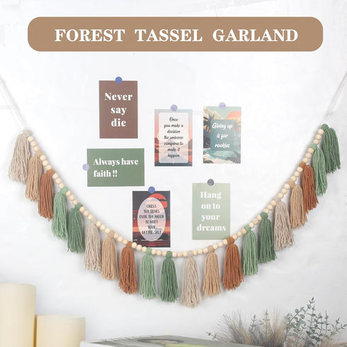 Sage Green Brown Boho Yarn Wood Bead Tassel Garland Wall Hanging Decor Neutral Earth Tone Woodland Banner Tassels