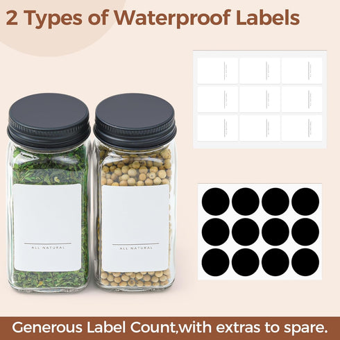 ComSaf 6Pcs 4oz Glass Spice Jars with Metal Lids, 21 Labels, Spice Jars Trial Set & Supplement Set, Shaker Cap, Empty Spice Containers and Square Spice Bottles for Kitchen and Seasoning