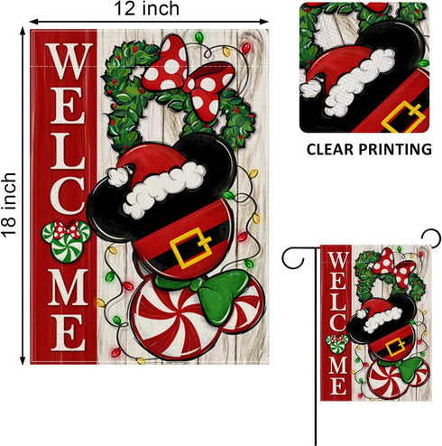 Welcome Christmas Mouse Santa Decorative Garden Flag, Xmas Peppermint Candy Wreath Ornament Yard Outside Decorations, Winter Holiday Farmhouse Outdoor Small Home Decor Double Sided 12 x 18