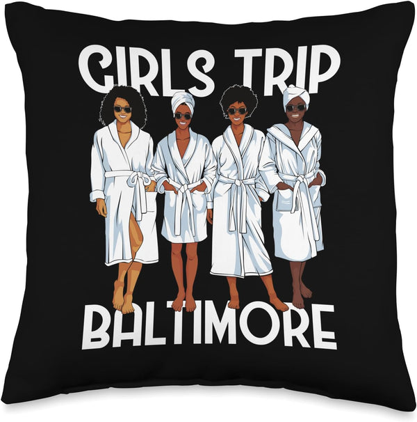 Girls Trip 2024 Baltimore Spa Relax Throw Pillow for Black Melanin Women, 16x16, Multicolor