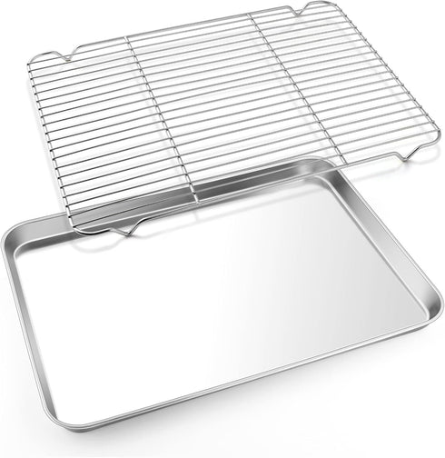 E-far Cookie Sheet with Rack Set, Half Sheet Baking Pan, 18”x13” Stainless Steel Tray with Wire Cooling Rack for