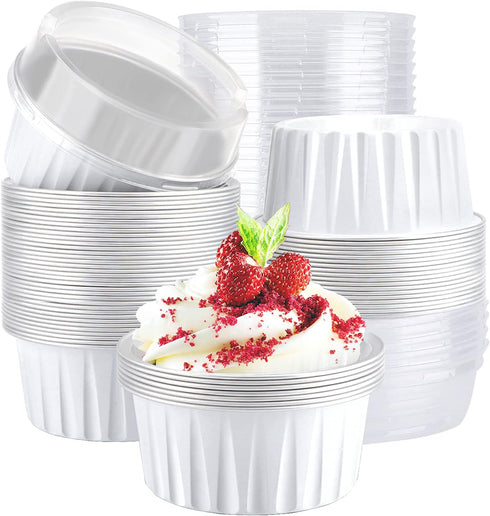 EUSOAR Cupcake Cups with Lids, 5oz 50pcs Disposable Baking Cups for Desserts, Flan, Catering (White)