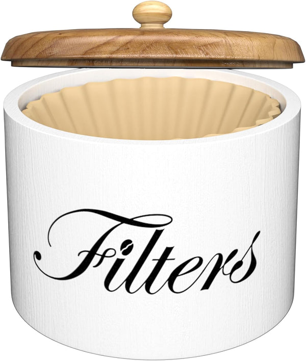 Wooden Coffee Filter Holder with Lid, Round Storage Container for Rustic Farmhouse Coffee Bar Decor, White