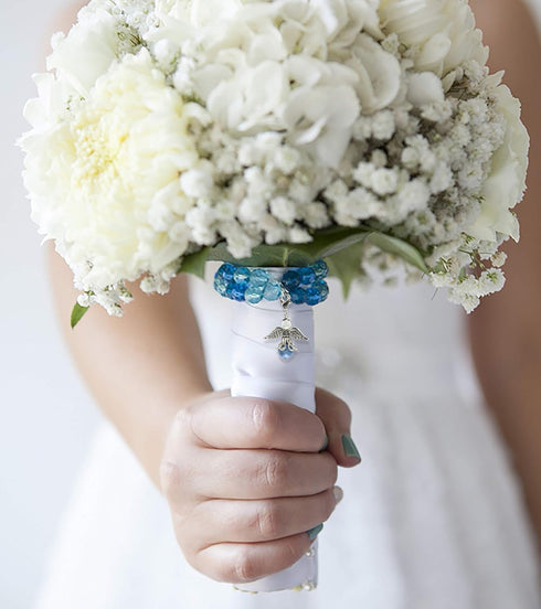 An Angel For The Bride, Something Blue and Silver Tone Zinc Metal Bouquet Charm, 1 x 1