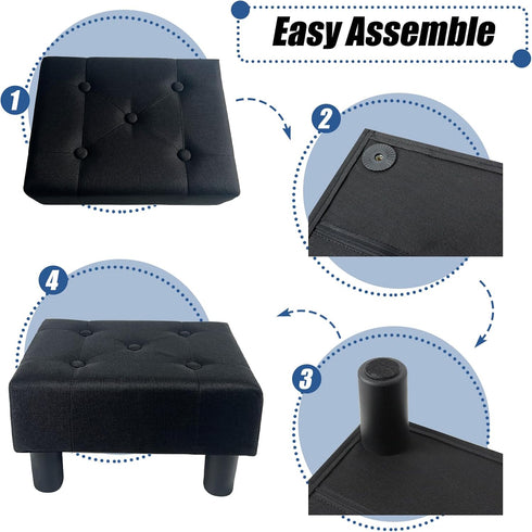Compact Black Linen Footstool with Sturdy Legs - Ideal for Living Room