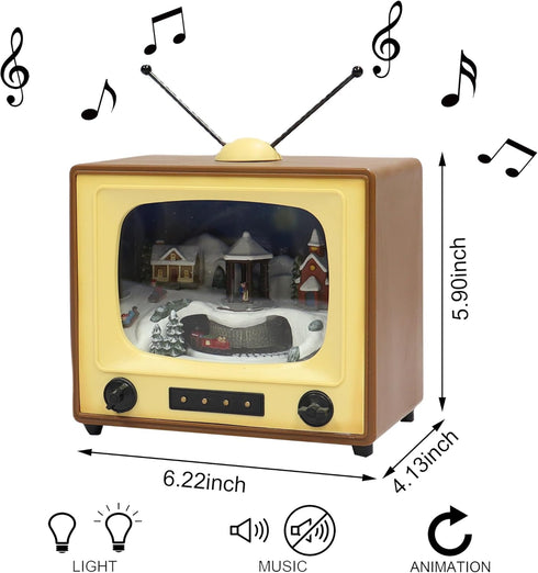 6" 8 MOMENTS IN TIME Retro TV Christmas Village Scene Animated Train, LED Lights, Plays Classic Holiday Songs Battery