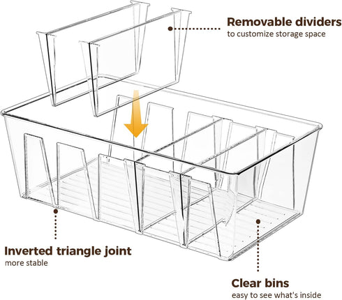 Puricon 4 Pack Pantry Organization and Storage Bins for Kitchen Fridge Countertop Cabinet, Stackable Clear Plastic Storage Racks with Removable Dividers, 5 Compartments for Snacks Packets Spices