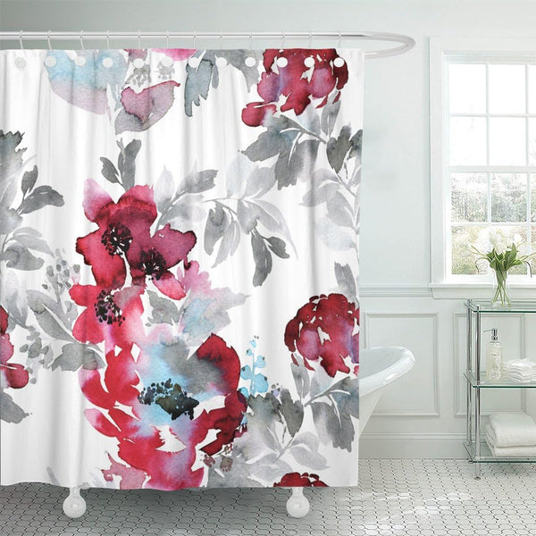 Shower Curtain Blue Large Burgundy Red Watercolor Abstract Flowers, Waterproof Polyester Fabric 72 x 72 Inches