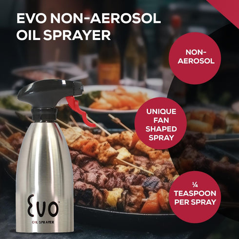 Evo 18/8 Stainless Steel Oil Sprayer, 16-Ounce Capacity, Non-Aerosol for Olive Oil, Cooking Oils, and Vinegars, Silver