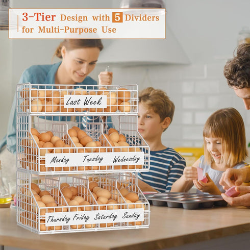 Countertop 5 3 keomaisyto Egg Holder with Dividers & DIY Nameplate to Separate Eggs, Tier Stackable Wire Storage