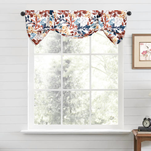 Leeva Colorful Leaves Printed Tie Up Window Valance, Chic Semi-Blackout Shade for Living Room, 52 x 18 Inch