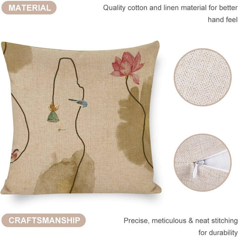 Chinoiserie Throw Pillow Cover, Lotus Ink Painting Flowers, Farmhouse Home Decor 18"x18"