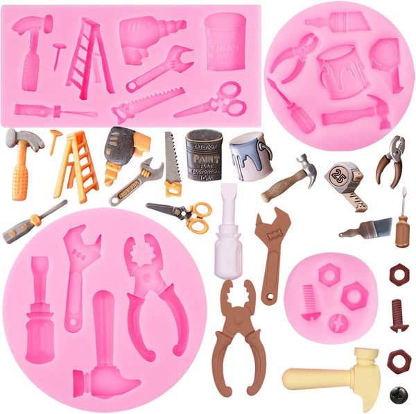 Hand Tools Silicone Molds 4 Pcs, Mini Construction Tools Chocolate Fondant Molds for Cake Decorating & Crafts