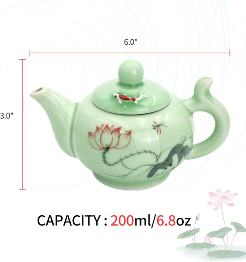 DELIFUR Celadon Handcrafted Porcelain Tea Set, Lotus Theme Tea Pot, Covered Teacup from China