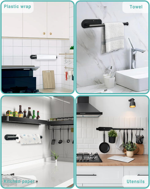 Paper Towel Holder - Self Adhesive or Drilling Under Cabinet Stainless Steel Black Wall Mount for Kitchen