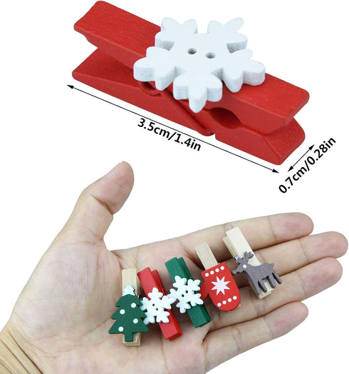 100pcs Christmas Wood Clips, Xmas Tree Snowflake Elk Clothespins, DIY Photo Pegs for Party Favors Decor