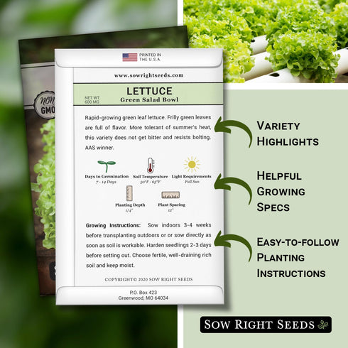 Packet (4) Sow Right Seeds - Salad Bowl Green Leaf Lettuce Seeds for Planting - Non-GMO Heirloom with Instructions