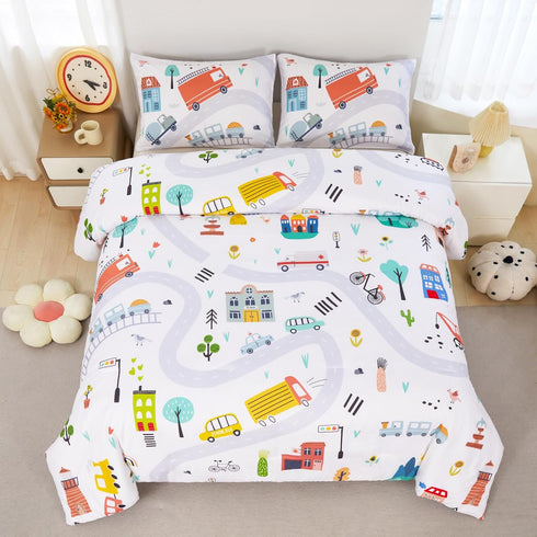 Sets 3-Piece Sets 2 ZRNBAST Twin Size Comforter for Boys Cartoon Cars Kids Bedding Soft and Lightweight White