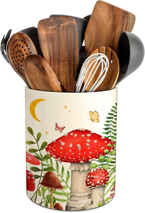 Hexagram Mushroom Decor Utensil Holder, Mushroom Kitchen Decor Ceramic Utensil Holder for