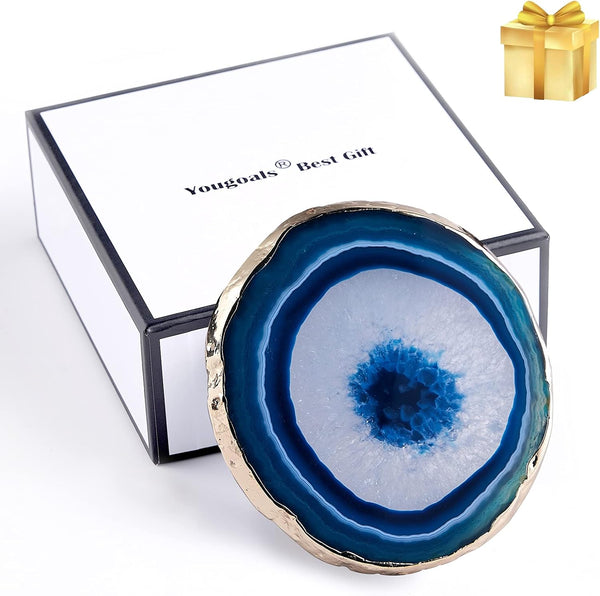 Yougoals Blue Agate Coasters 4"-3.5", Brazilian Geode Coasters with Gold Rim, Natural Gem Stone Cup Mat (1PK)