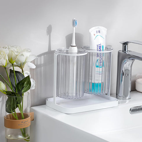 Toothbrush Holders with Drain Tray, 2 Slots Hanging Toothbrush and Toothpaste Holder Organizer Bathroom Caddy Countertop for Toothpaste, Razors, Electric Toothbrush - Clear by Heagoale