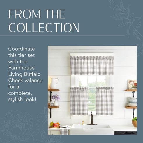 Elrene Home Fashions Buffalo-Check Tier Curtain Set, 30" x 24" (Set of 2 Tiers), Gray/White for Bathroom or Kitchen