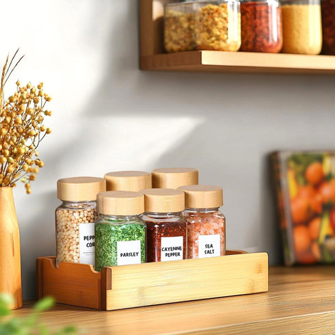 4 oz 6Pcs Set, ComSaf Glass Spice Jars with Label, Empty Spice Containers with Bamboo Lids, Square Seasoning Containers