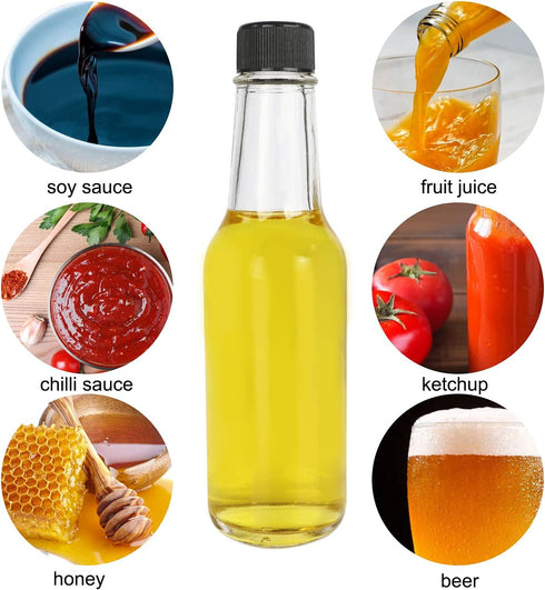 12 5 oz/ 150 ml pcs Hot Sauce Glass Bottles with Leak Proof Screw Cap,Orifice Reducer Dripper Insert, Clear Oil Bottle