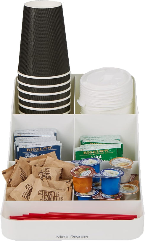 Mind Reader Coffee Condiment Storage Organizer, 7 Compartment for Cups, Lids, Sugars, Stirrers, White