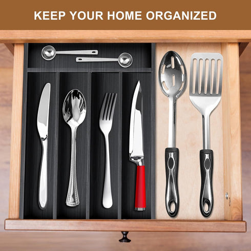 Small Kitchen Utensils Drawer Organizer Black Wooden Flatware Cutlery Tray Silverware Divider Organizer Narrow Wood Silverware Utensil Tray for Drawer Insert Cutlery Fork Spoon Holder for Drawer by Ayiaren