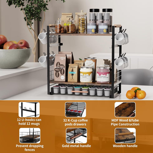 Countertop 32 12 3 3-Tier 1 Coffee Bar Station Organizer for - Pod for K Cup Holder with Drawer and Mug Holder, Tier