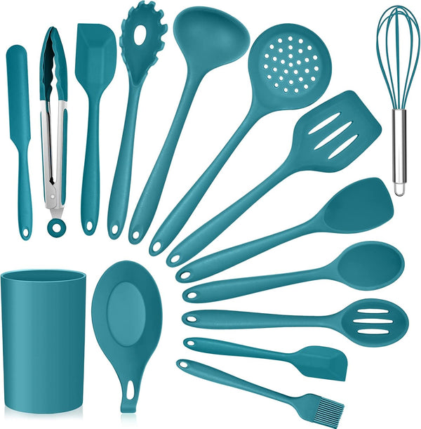 Teal Blue Kitchen Utensils Set, E-far 15-Piece Silicone Cooking Utensils with Holder, Heat Resistant for Cooking