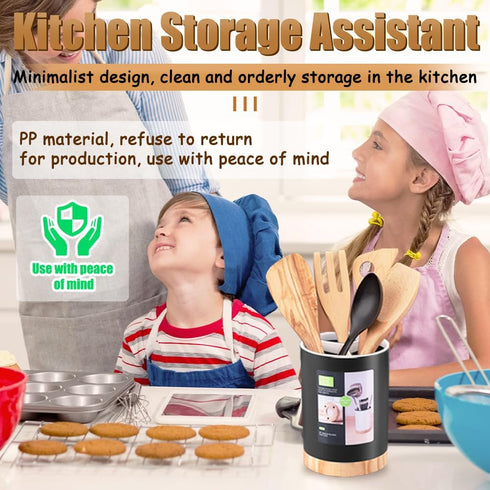 Kitchen Utensil Holder, Tableware Storage Bucket with Removable Divider and Wooden Base