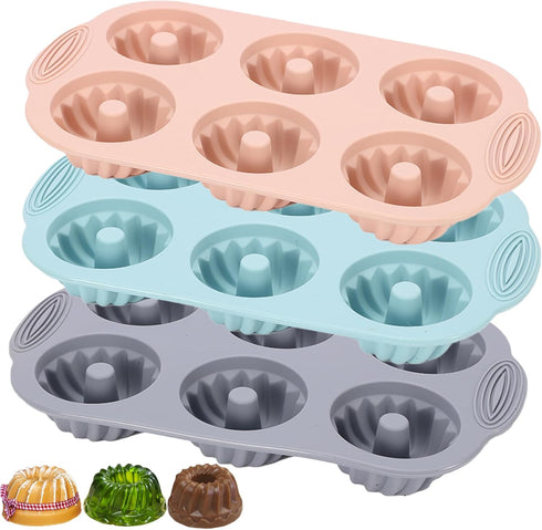 Mini Bundt Cake Pan 3pcs, Silicone Fluted Tube Cake Pans, 6-Cavity Heritage Bundtlette Molds (Pink+Blue+Gray)